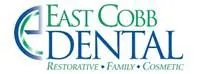 A logo for “East Cobb Dental” features the business name in green and blue text, with “Restorative • Family • Cosmetic” written below in a smaller serif font. To the left, a stylized “E” composed of curved green and blue lines adds a modern and polished touch, reinforcing the brand’s professional identity.
